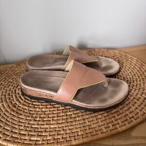 Vionic Orthaheel Jillian Beige Leather Flip-Flops Cushion Thong Sandals Size 7.5